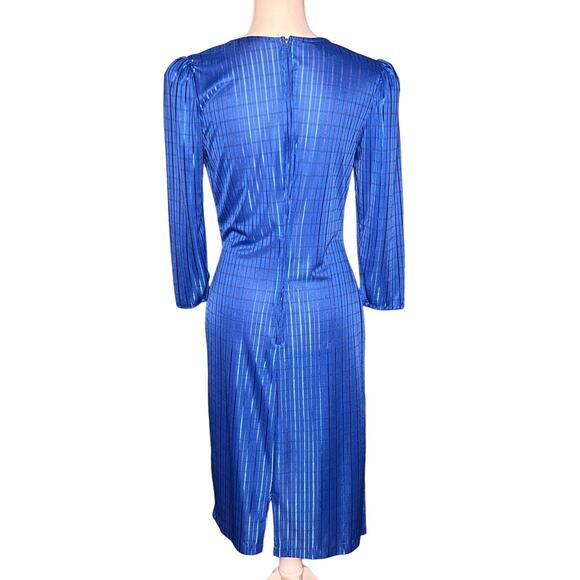 Vintage 80s Kings Row Blue Shirred Satin Stripe Dress Back Zip Shoulder Pads - Picture 2 of 10